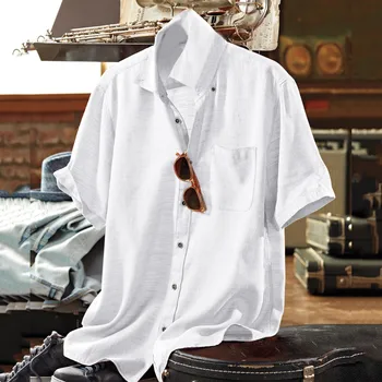 Мужская хлопчатобумажная льняная рубашка с лацканами, свободный дышащий топ с короткими рукавами, летняя однотонная рубашка для мужчин, повседневные пляжные рубашки