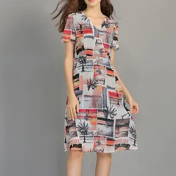 Женское шифоновое платье с цветочным принтом, короткий рукав, V-образный вырез, платья трапециевидной формы, 84017, Новинка, 2023