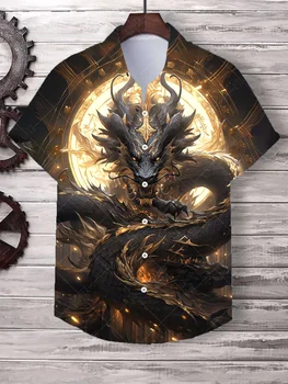 Мужская рубашка Китайский дракон, топ с коротким рукавом, повседневные топы на пуговицах с лацканами 2024, рубашка с забавным 3D рисунком для мужской одежды, модные топы